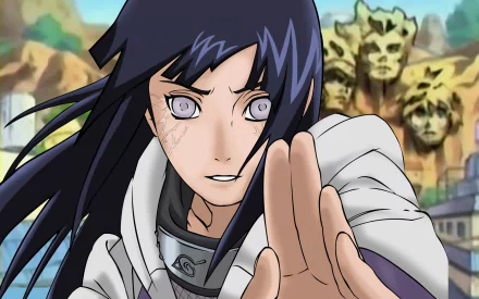 Hinata Hyuga from the anime Naruto stands confidently with a determined expression. This HD desktop wallpaper showcases her unique style and spirit against a vibrant background.