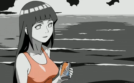 Hinata Hyuga stands on a beach, holding a can, with a serene ocean background. This HD anime wallpaper captures a tranquil moment from the Naruto series.