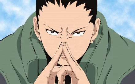 A high-definition wallpaper featuring Shikamaru Nara from the anime Naruto, showcasing his thoughtful expression against a soft blue sky background.