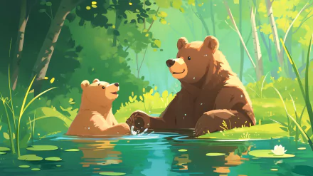 HD desktop wallpaper featuring an illustrated brown bear with a cub by the water in a lush green forest setting.