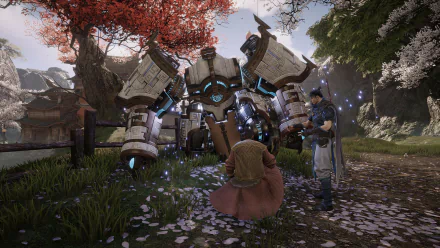 HD wallpaper from the video game Perfect New World featuring characters and a robot in a lush, blooming environment with pink tree leaves and glowing particles.