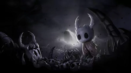 An HD desktop wallpaper featuring a scene from the video game Hollow Knight, showcasing the game's iconic character amidst a dark and mysterious environment.