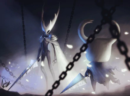HD desktop wallpaper featuring characters from the video game Hollow Knight with a mystical and moody atmosphere, highlighted by chains in the foreground.