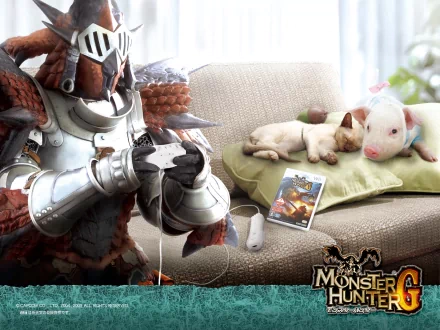 A whimsical HD wallpaper from Monster Hunter features a knight character gaming on a couch, accompanied by a cat and a piglet, blending fantasy and coziness.