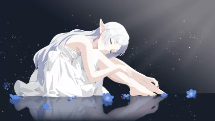 4K Ultra HD anime wallpaper featuring Frieren from Frieren: Beyond Journey's End, depicted in a serene pose with white hair and a flowing dress surrounded by blue flowers.