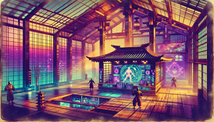 A vibrant HD desktop wallpaper showcasing a futuristic dojo with glowing screens, colorful lights, and figures practicing martial arts in a serene, technologically advanced environment.