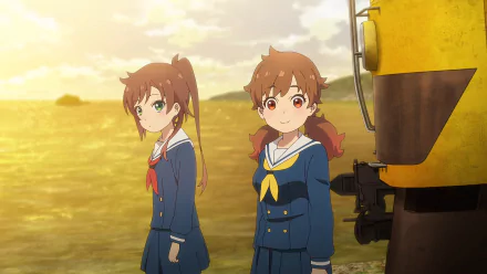 HD Anime Wallpaper featuring two characters by a train at sunset, with the theme 'Train to the End of the World'.