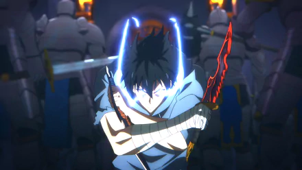 HD anime desktop wallpaper featuring Sung Jin-Woo from Solo Leveling, depicted with glowing blue and red energy in a dark, intense setting.