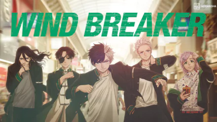 An HD desktop wallpaper featuring characters from the anime Wind Breaker, showcasing a dynamic group with vibrant colors and a striking background.