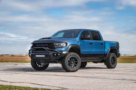 Blue Hennessey Mammoth 1000 Dodge Ram truck displayed as HD desktop wallpaper with clear skies in the background.