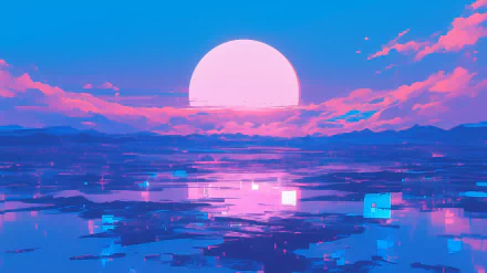 HD Anime Landscape Wallpaper with a Vibrant Sunset and Reflective Water for Desktop Background.