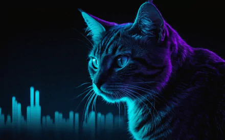 A futuristic neon cat illuminated in vibrant blue and purple hues, set against a dark background with glowing cityscape elements in 4K Ultra HD detail.