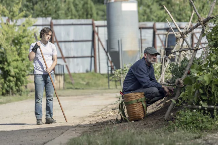 Two characters from The Walking Dead TV show engaged in outdoor work in a serene setting, available as an HD desktop wallpaper and background.