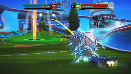 HD desktop wallpaper featuring an in-game action scene from Turbo Golf Racing with a vibrant, stylized golf course and racing car hitting a large ball.