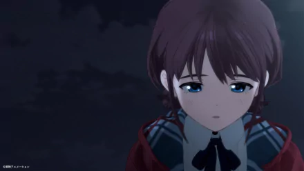 HD anime wallpaper featuring a close-up of a girl from Girls Band Cry with a somber expression, set against a dark, cloudy sky.