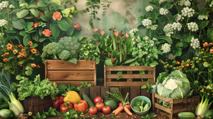HD wallpaper featuring a lush vegetable garden with fresh produce in wooden crates against a floral backdrop.