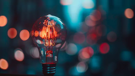 Illuminated light bulb with glowing filament on a bokeh background, HD wallpaper.
