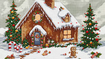 A cozy gingerbread house surrounded by snow, Christmas trees, and candy canes, featuring a cheerful gingerbread man. Perfect pixel art for a festive HD wallpaper.