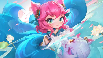 HD wallpaper featuring Ahri from Teamfight Tactics, showcasing her playful pose with vibrant blue and pink hues, surrounded by whimsical elements in a magical setting.