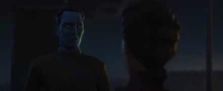 A striking HD wallpaper from Star Wars: Tales of the Empire, featuring a blue-skinned character in a dimly lit scene, engaging in a tense conversation.