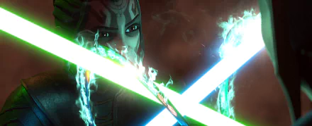 HD wallpaper from Star Wars: Tales of the Empire TV show featuring an animated character wielding blue and green lightsabers in action.