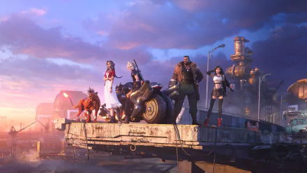 Final Fantasy VII Rebirth characters standing together on a city rooftop during sunset in an HD desktop wallpaper.