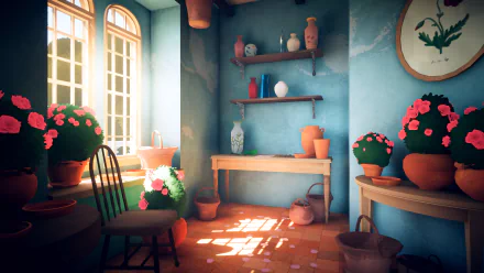 HD wallpaper of a cozy room from Botany Manor video game featuring vibrant potted plants and rustic decor.