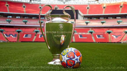 HD wallpaper featuring the UEFA Champions League trophy and official ball on a grassy pitch in a stadium.