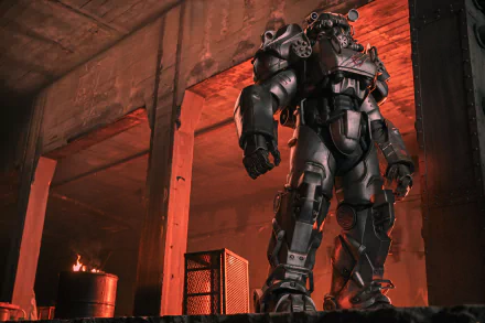 HD wallpaper featuring a character in advanced power armor from the Fallout universe, set in a dimly lit environment with a red, ominous glow.