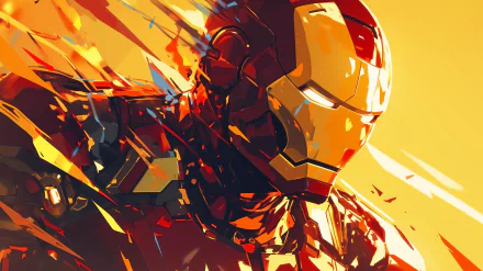 HD desktop wallpaper featuring an artistic rendition of Marvel's Iron Man in a dynamic pose with a vibrant yellow and red color scheme.