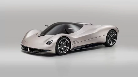 HD wallpaper featuring a sleek Pagani Alisea supercar in a light color, presented against a simple, clean background.