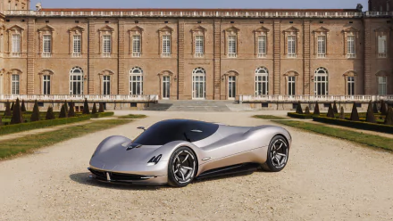 HD desktop wallpaper featuring a Pagani Alisea supercar parked in front of a classical building with a symmetrical, gravelled courtyard.
