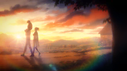 Anime scene from Mushoku Tensei: Jobless Reincarnation depicts two characters walking at sunset, captured in a 4K Ultra HD PC desktop wallpaper and background.