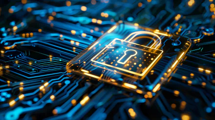 HD wallpaper featuring a glowing digital padlock icon superimposed on a blue circuit board, symbolizing cybersecurity within a cyberpunk aesthetic.