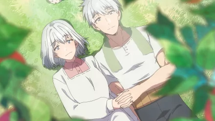 HD wallpaper of Ine Saitou and Seizou Saitou, anime characters who are a young-looking elderly couple, sitting together with a soft focus green background.