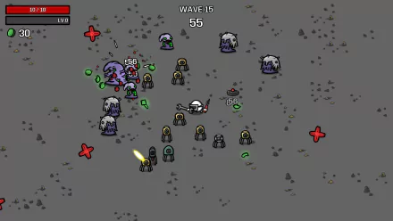 HD desktop wallpaper featuring a scene from the video game Brotato with a character battling against enemies on wave 55.