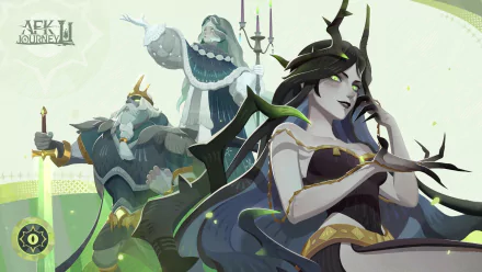 HD desktop wallpaper featuring stylized characters from the video game AFK Journey, with a prominent female character in the foreground and a male character in the background, set against a fantasy-inspired backdrop.