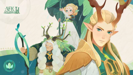 HD desktop wallpaper from the video game AFK Journey featuring illustrated fantasy characters, including a prominent elf with antler-like ears and two other characters, one with a beard and greenery, suggesting a nature theme.