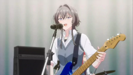 An anime character from Whisper Me a Love Song holding a blue electric guitar and standing in front of a microphone, with a soft curtain backdrop, in a HD desktop wallpaper.