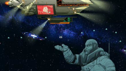 HD desktop wallpaper from the video game Lunar Lander: Beyond, featuring a stylized scene with an astronaut in the foreground and spacecraft in the background among stars and asteroids.