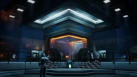 HD desktop wallpaper background from the video game Phantom Fury featuring a futuristic interior with cool-toned lighting and a character in the foreground.