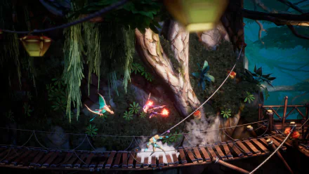 HD desktop wallpaper featuring a scene from the video game 'Tales Of Kenzera: Zau,' depicting a mystical forest environment with a large tree, hanging vines, and a bridge with glowing elements.
