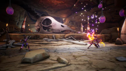 HD desktop wallpaper of Tales Of Kenzera: Zau video game, featuring a character engaged in combat with enemies in an underground setting with a large skull and purple glowing elements in the background.