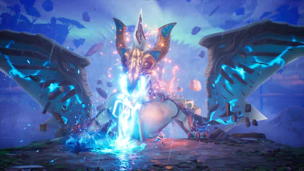 HD desktop wallpaper from the video game Tales Of Kenzera: Zau featuring a dynamic scene with a mystical armored creature surrounded by magical energy and floating debris.