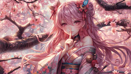 Anime girl with pink hair in a detailed kimono poses quietly under blooming cherry blossom trees in this vibrant HD desktop wallpaper.