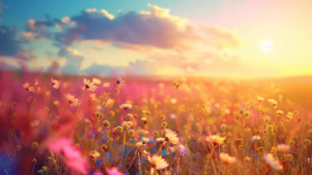 HD wallpaper featuring a vibrant field of daisies with the warm glow of a spring sunset in the background.