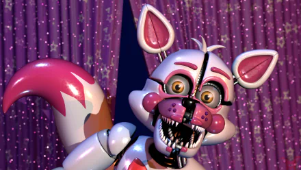 8K Ultra HD image of Funtime Foxy from Five Nights at Freddy's: Sister Location, featuring detailed animatronic design against a sparkling purple curtain backdrop.