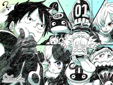 HD PC desktop wallpaper featuring Monkey D. Luffy and other characters from the anime One Piece in a dynamic black-and-white collage style.