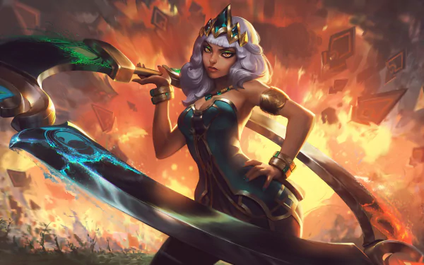 HD desktop wallpaper featuring Qiyana from League of Legends poised for battle with her elemental ring weapon, set against a dynamic, fiery backdrop.