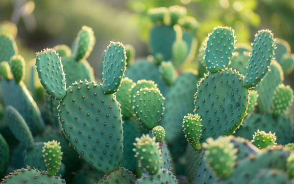HD wallpaper of a vibrant prickly pear cactus patch basking in soft sunlight, perfect for a natural desktop background.